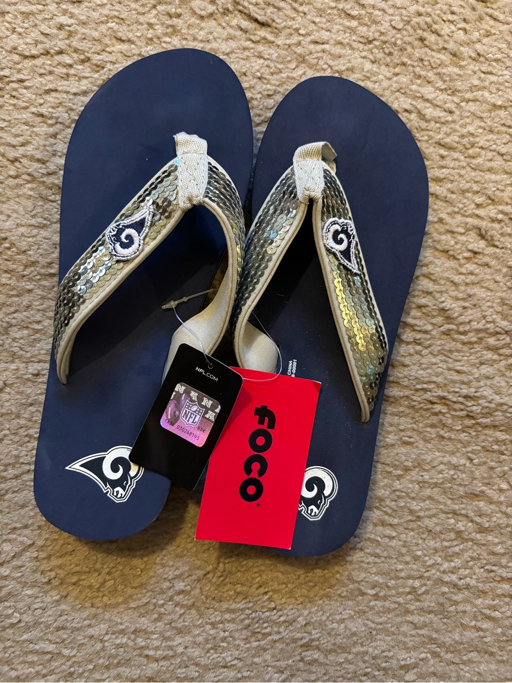 FOCO Los Angeles Rams Navy Sequin Flip Flops